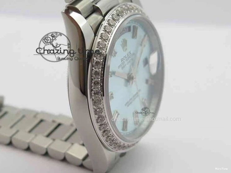 MiroTime 1218 Stylish Day Date 40mm SS BP Maker Best Edition Diamond Bezel Ice Blue Dial On SS Bracelet ETA 3699